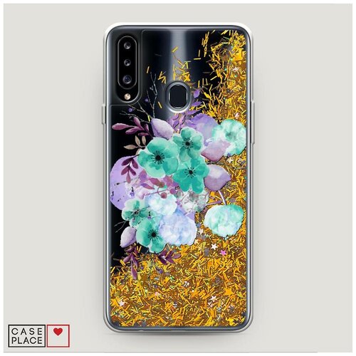 фото Чехол жидкий с блестками samsung galaxy a20s акварельные бирюзовые цветы case place