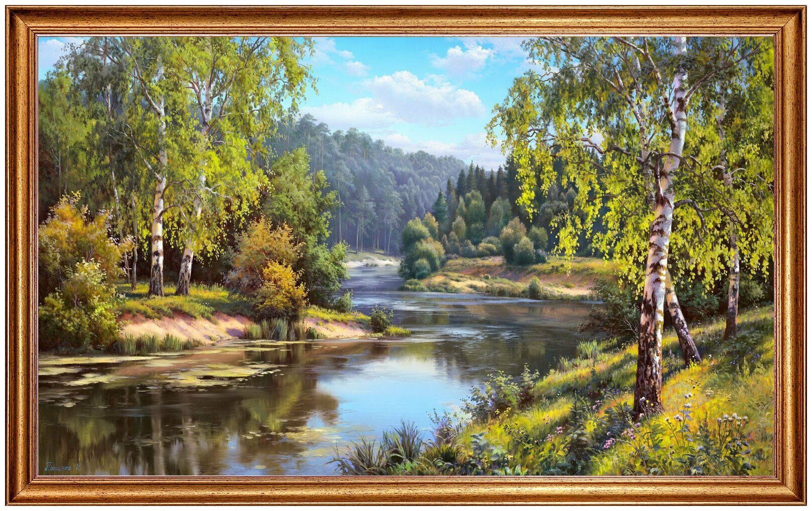 Картина на холсте, "У реки", 100х60 см. Холст на деревянном подрамнике, оформлена в багет, Арт. ПИ-х10