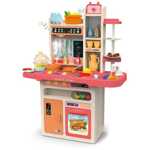 Детская кухня с набором посуды из 65 предметов, высотой 93,5 см., С крана течет вода, ПАР, звук, свет, розовая