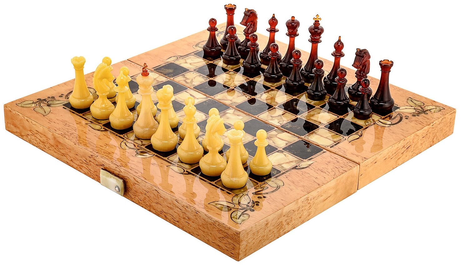 Шахматы из карельской берёзы с инкрустацией из янтаря и янтарными фигурами 42х42 см