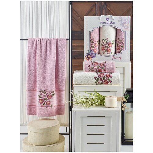 фото Подарочный набор полотенец для ванной 50х90(2), 70х140(1) merzuka pansy хлопковая махра светло- розовый merzuka (турция)