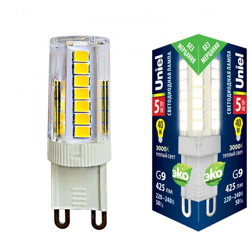 Uniel Лампа светодиодная теплый свет G9 5W 3000K прозрачная LED-JCD-5W/3000K/G9/CL