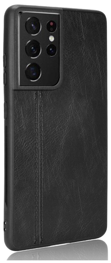 Чехол накладка MyPads на Samsung Galaxy S21 Ultra из качественного износостойкого силикона с декоративным дизайном под кожу с тиснением черный