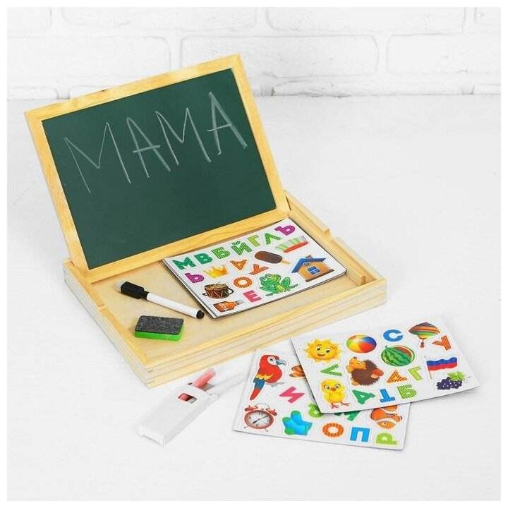 Конструктор магнитный "Алфавит" в деревянной коробке + мел, маркер, губка