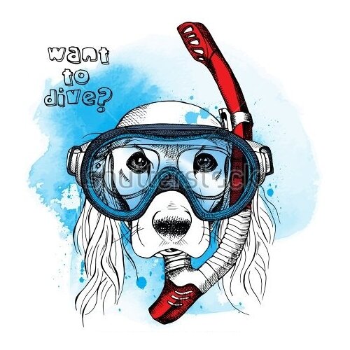 фото Постер на холсте симпатичный пёс в маске с трубкой для дайвинга приглашает понырять 40см. x 40см. твой постер