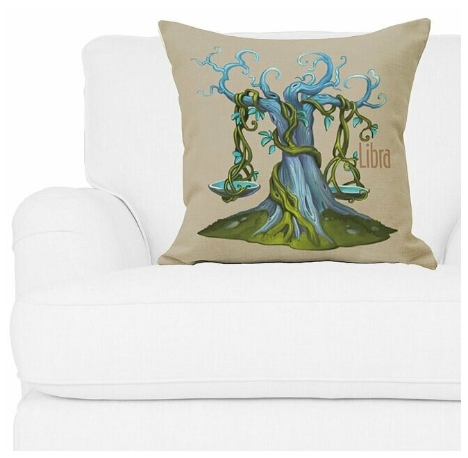 Декоративная подушка, "Дерево-весы", льняная наволочка, цвет бежевый, 45х45 см,5 sisters 5S-PILLOW-163