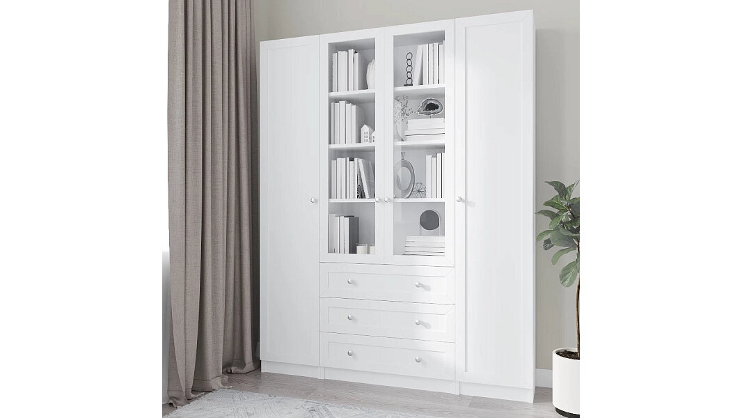 Шкаф книжный Билли 45 по мотивам IKEA Икея Белый Фасадный 0101, 160*30*202 см, ЛДСП с рамкой МДФ