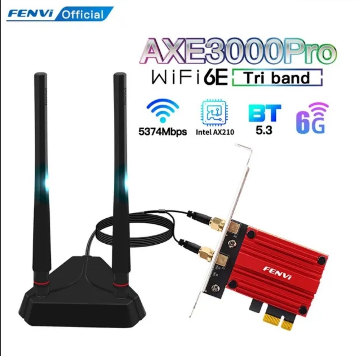 Сетевая карта Wi-Fi + Bluetooth для ПК Fenvi FV-AXE3000 Pro Wi-Fi 6, 2.4ГГц/ 5ГГц/ 6 ГГц, Wi-Fi 802.11AX/AC PCI Express, адаптер Bluetooth 5.3 Intel AX210