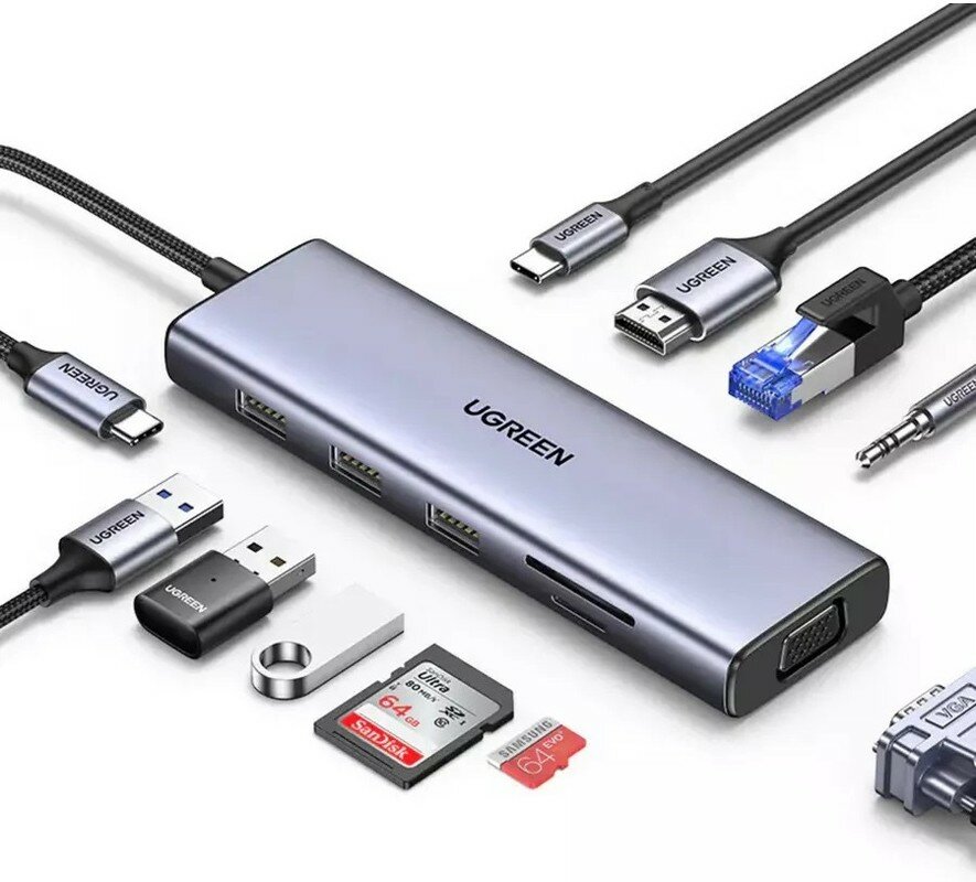 Порт-репликатор UGREEN CM498 USB-C to 3*USB-A TF SD VGA RJ45 HDMI PD100W USB-Type Multifunction Adapter, серый космос