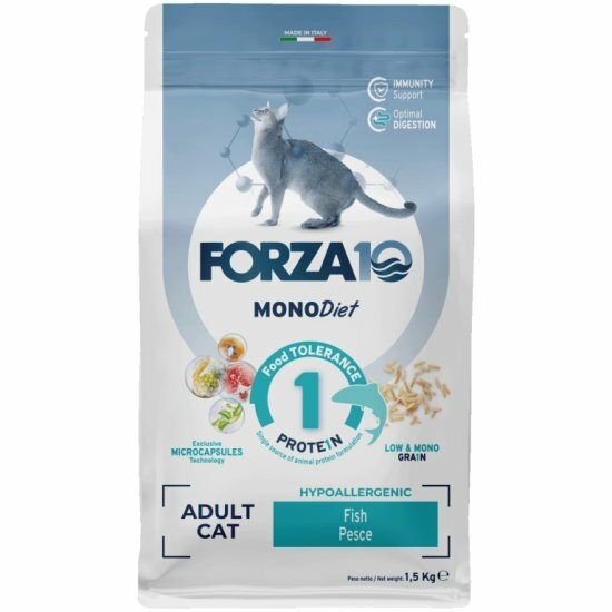 Корм сухой FORZA10 MonoDiet Pesce монобелковый для взрослых кошек при аллергии и повышенной чувствительности к животным белкам из океанической рыбы, 1,5 кг