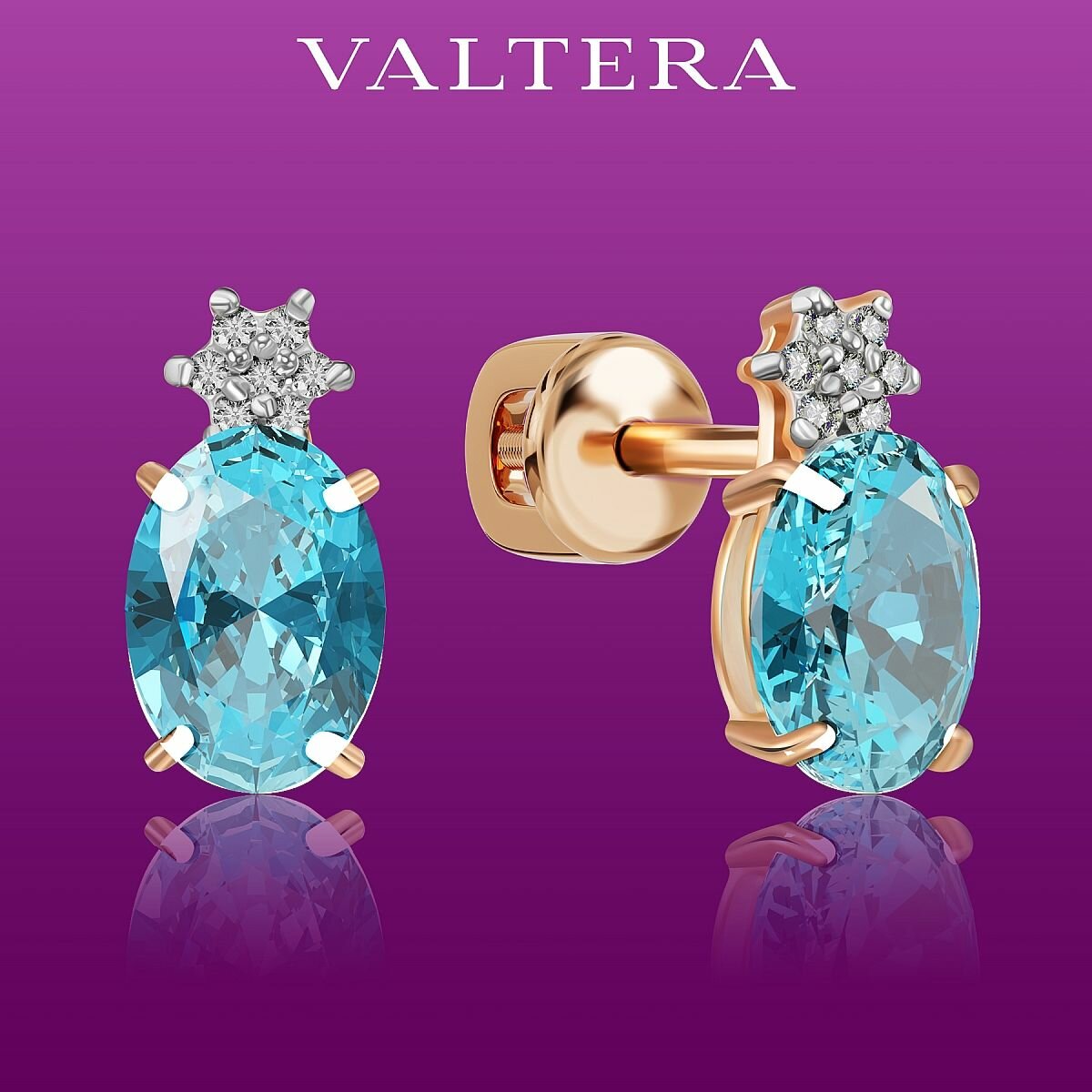 Серьги пусеты VALTERA, серебро, 925 проба, золочение, фианит, , золотистый