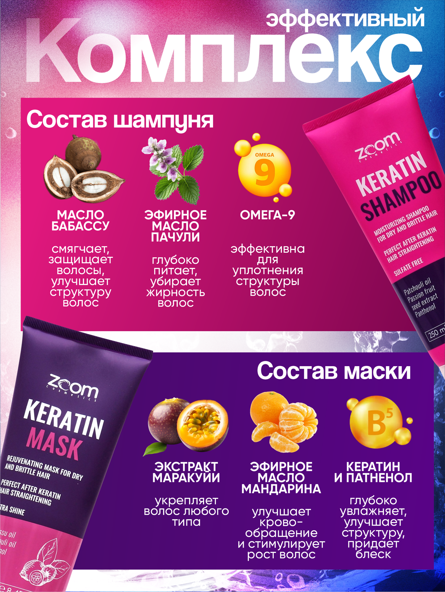 ZOOM KERATIN SHAMPOO безсульфатный шампунь и ZOOM Keratin Mask маска глубокого кондиционирования — фото 1