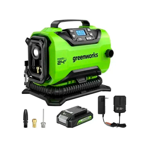 Компрессор автомобильный аккумуляторный Greenworks ACG301 24V12V от сети автомобиля 11 бар комплект АКБ 4 Ач быстрое ЗУ 18400₽