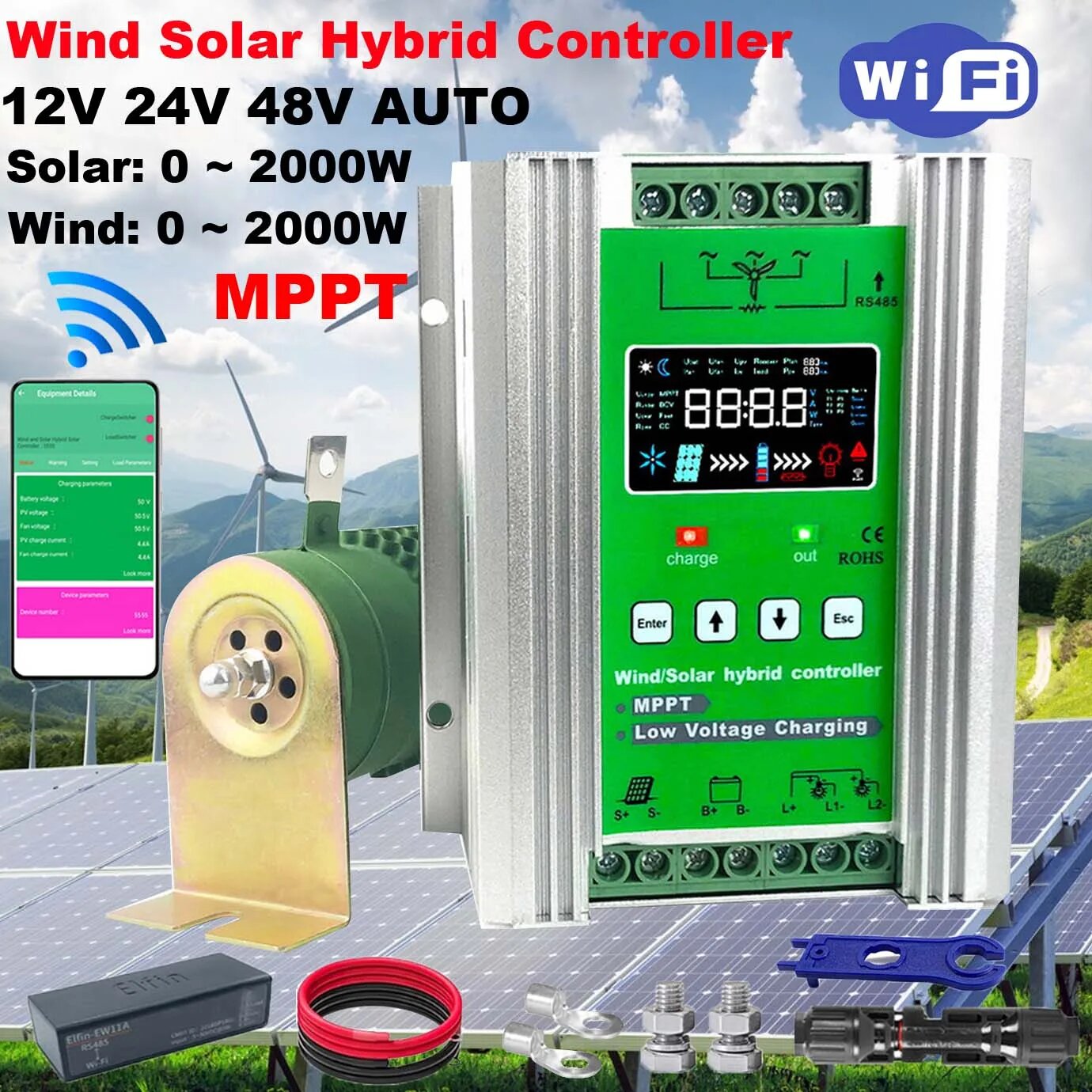 Гибридный контроллер заряда ветра и солнца 2000 Вт с Wi-Fi, 12V 24V 48V AUTO, Wind X w Solar X w, With WiFi