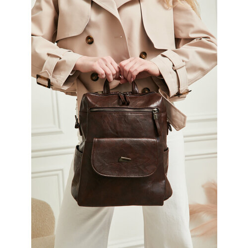 Рюкзак женский городской OLLema, сумка рюкзак женский повседневный, коричневый, кожаный, 30x29x17 см, 15 литров