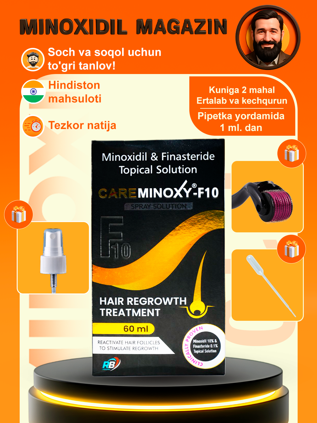 Миноксидил 10% Minoxidil Topical Solution USP 10%, для роста волос и бороды, 60 мл