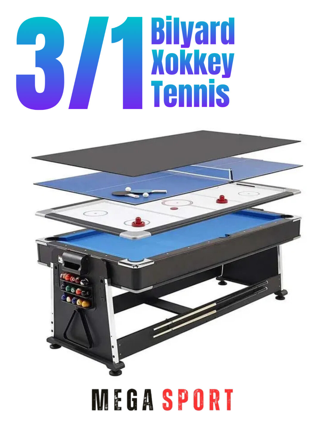 Игровой стол "3 в 1", складной, для бильярда, аэрохоккея и настольного тенниса