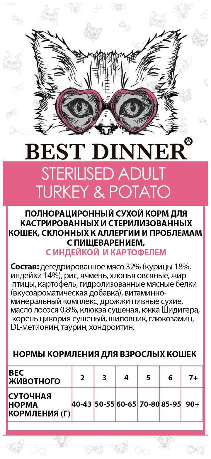 Сухой корм для кошек Best Dinner Adult Sterilised Turkey & Potato гипоаллергенный для кастрированных и стерилизованных с Индейкой и картофелем 0,4 кг - фотография № 5