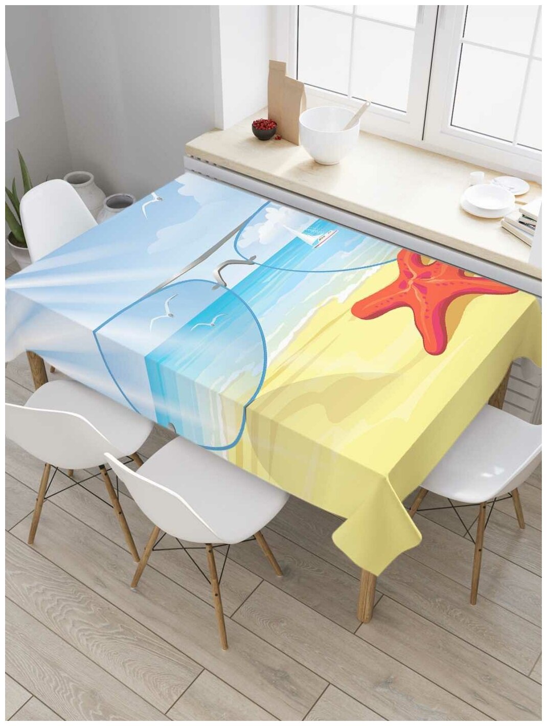 Скатерть прямоугольная JoyArty на кухонный стол "Солнечные очки на море" из оксфорда, 180x145 см