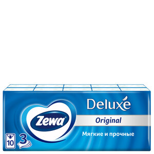 Платочки бумажные носовые Zewa Deluxe, 3 слоя, 10 шт. Х 10