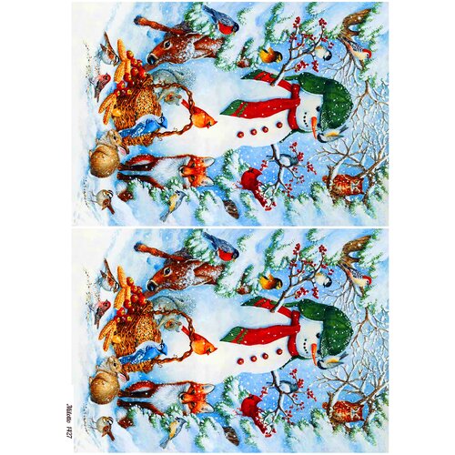 Рисовая бумага для декупажа А4 ультратонкая салфетка 1427 зима снеговик Новый Год Рождество фон винтаж крафт Milotto