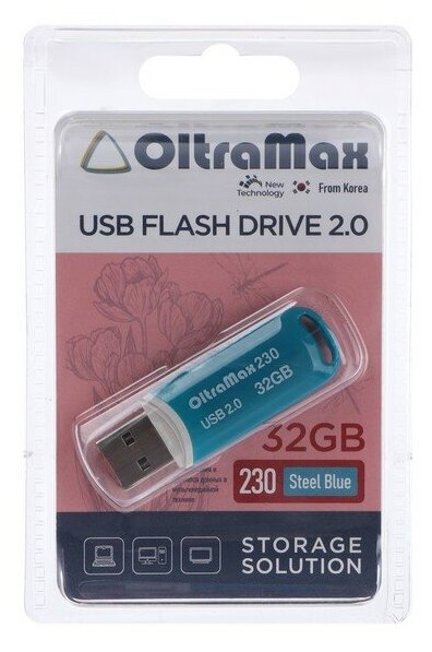 Флешка OltraMax 230, 32 Гб, USB2.0, чт до 15 Мб/с, зап до 8 Мб/с, синяя