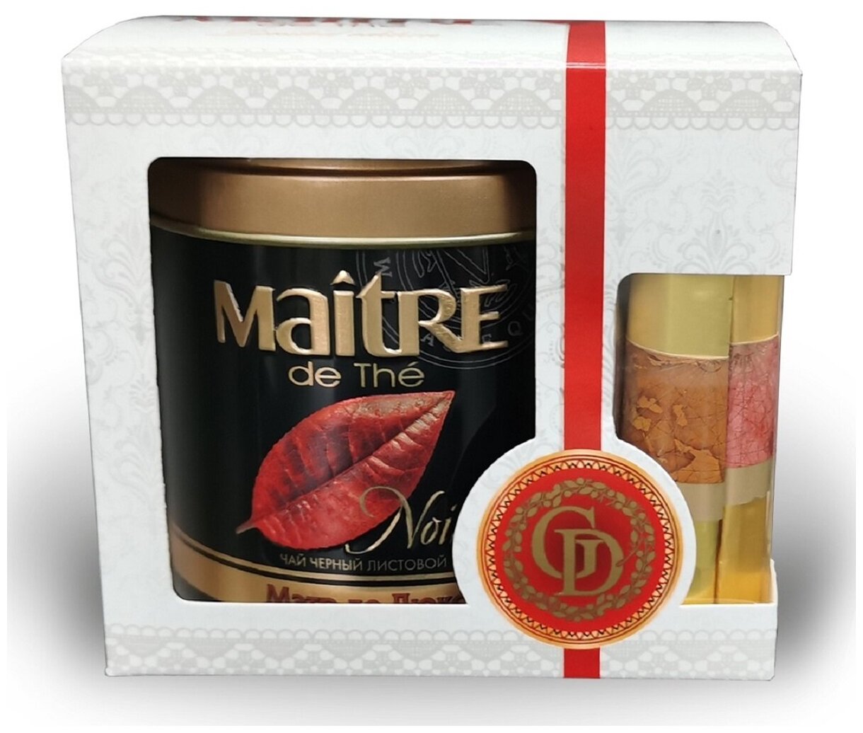 Набор подарочный: чай черный листовой Maitre de The мэтр ДЕ люкс 100г жестяная банка и шоколадные конфеты GOLDEN DESSERT 2 шт х 22 г, 144г мэтр