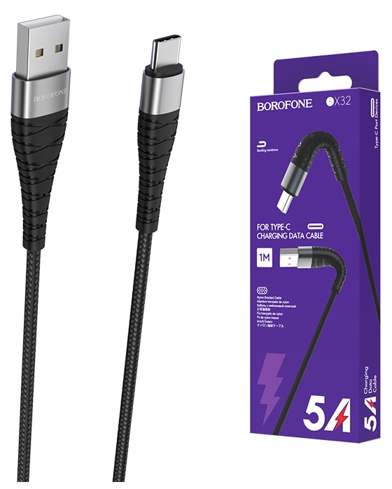 Кабель USB - TYPE-C Borofone BX32 (зарядка 5A, передача данных, тканевая оплетка)