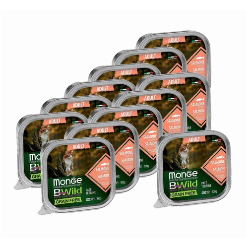 Monge Cat BWild GRAIN FREE беззерновые консервы из лосося с овощами для взрослых кошек 100г х 12 шт.