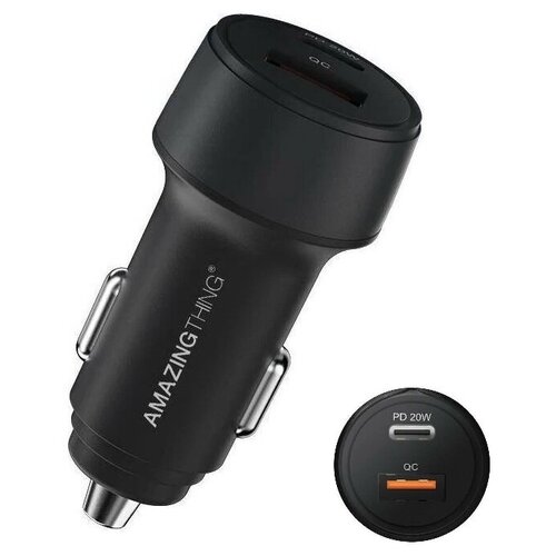 Мощный Автоадаптер Type-C+USB 3A Amazingthing 20W QC3.0 Black, автомобильная зарядка в прикуриватель в машину, быстрая зарядка для телефона и планшета