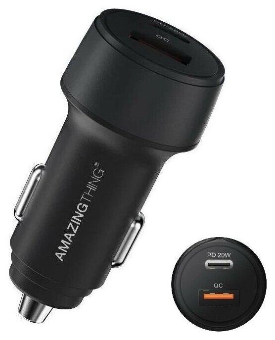 Мощный Автоадаптер Type-C+USB 3A Amazingthing 20W QC3.0 Black, автомобильная зарядка в прикуриватель в машину, быстрая зарядка для телефона и планшета