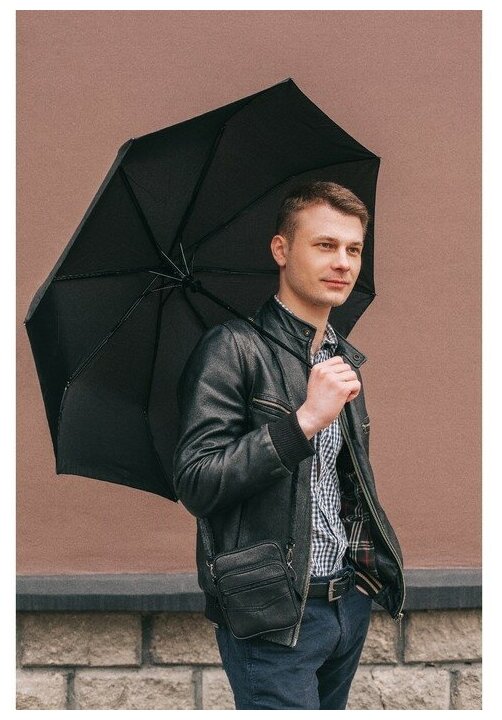 фото Зонт муж п/авт R49 3сл 8спиц П/Э Однотонный руч прям чёрн пакет шильдик QF 128006