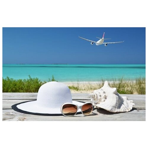 фото Постер на холсте шляпа, очки и ракушка на фоне улетающего самолёта над морем 61см. x 40см. твой постер