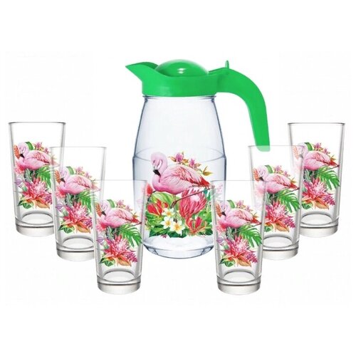 Набор для воды 7 предметов Фламинго в тропиках (Кувшин 1,5л, 6 стаканов по 0,25л)