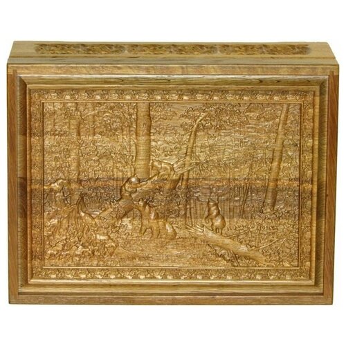 Шкатулка ювелирная Утро в сосновом лесу резная двухуровневая из мореного дуба 31*24*13 см 999-RTB-73M