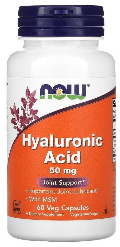 Капсулы NOW Hyaluronic Acid 50 мг, 80 г, 50 мг, 60 шт.