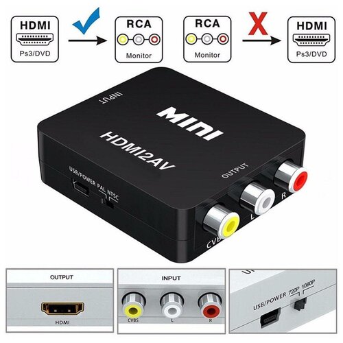 Конвертер переходник из HDMI в AV (HDMI2AV) / черный mini hdmi to composite cvbs rca av video converter adapter 1080p with cables support ntsc pal