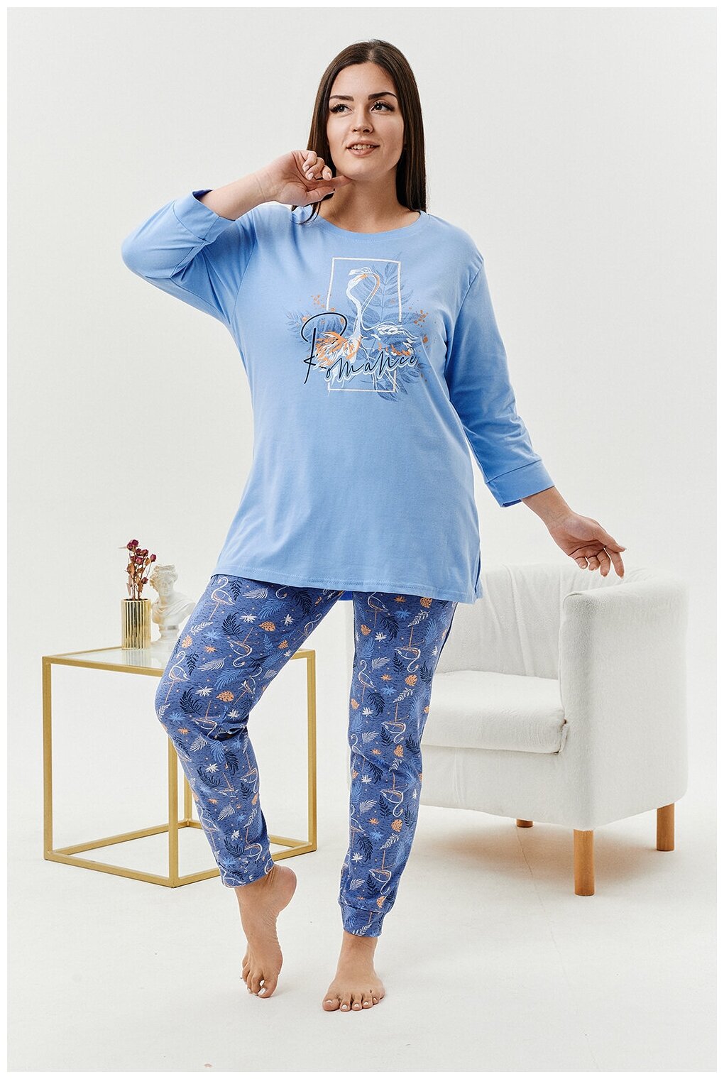 Женский домашний костюм/ пижама ( футболка+ брюки) в голубом цвете, размер 48 - фотография № 7