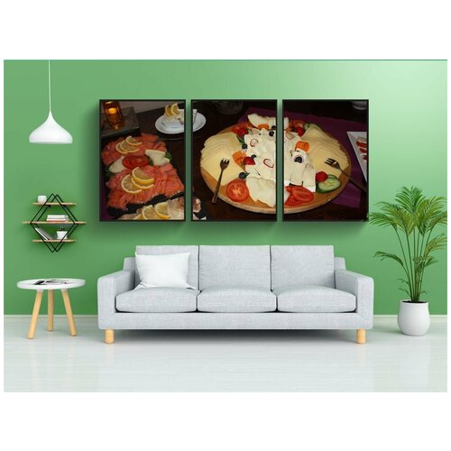 фото Набор модулных постеров для интерьера "сырное ассорти, лосось, рыбные тарелки" 60x90 см. в тубусе, без рамки lotsprints