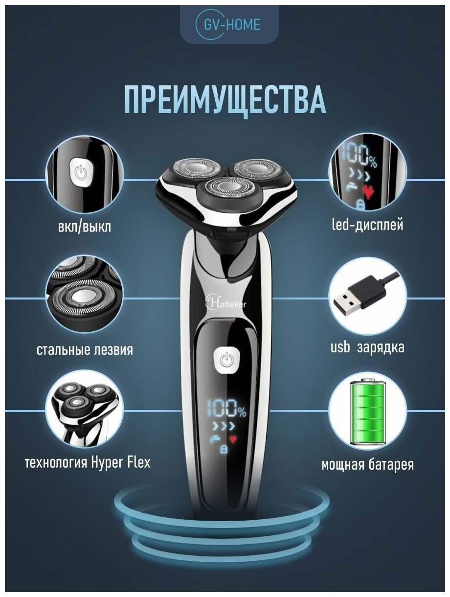 Электробритва мужская GV-HOME Hatteker 9598, водонепроницаемая, сухое и влажное бритье