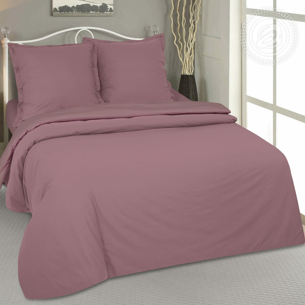 Комплект постельного белья из однотонного поплина 2-х спальный с простыней Евро "Дымчатая роза"