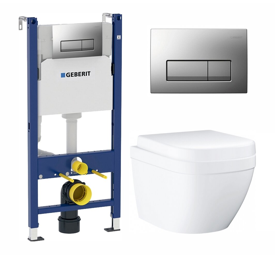 Комплект 3 в 1 инсталляция Geberit Duofix UP100 + Унитаз подвесной Grohe Euro Ceramic 39206000 + кнопка хром матовый