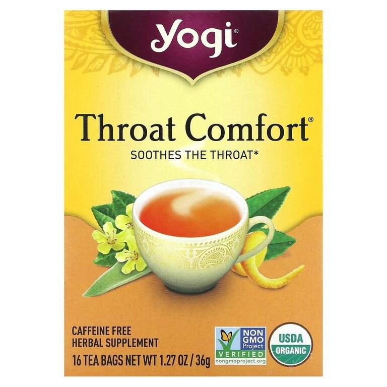 Yogi Tea, Throat Comfort, чай для здоровья горла, без кофеина, 16 чайных пакетиков