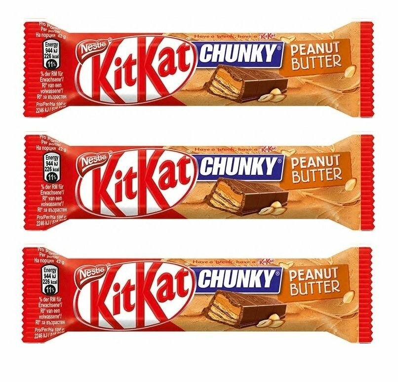 Шоколадный батончик KitKat Chunky Peanut Butter покрытый молочным шоколадом с хрустящей вафлей и арахисовым маслом, 3 шт. по 42 гр. (Болгария)