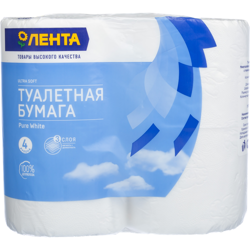 Бумага туалетная лента 3 слоя белая 4шт 311₽