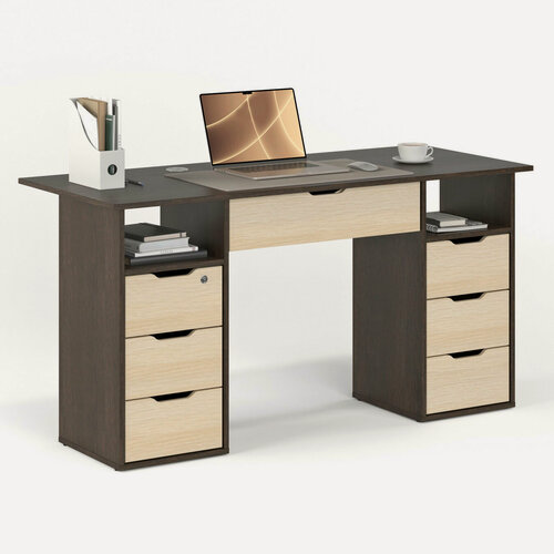 Изображение товара Двухтумбовый письменный стол с 6 узкими и 1 широким ящиком 146х60 см МагМебель №73Я венге, дуб молочный