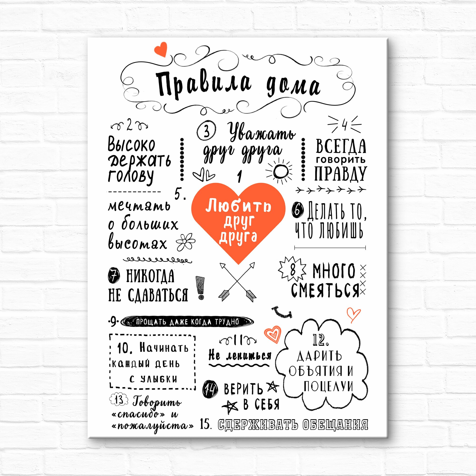 Картина 50х70 см "Правила дома" на холсте (плотность 300 гр/м) на подрамнике с бортиком, галерейная натяжка, крепления (без сверления) / картина на стену для интерьера / Palitra