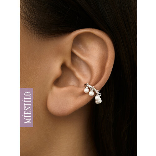 Моносерьга кафф MIESTILO, серебро, 925 проба, родирование, жемчуг имитация, длина 1.3 см, , серебристый