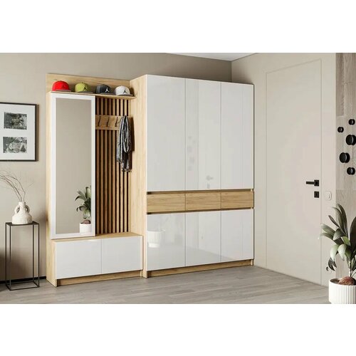 Модульная прихожая Стоуби дизайн 8, дуб крафт золотой/глянец белый