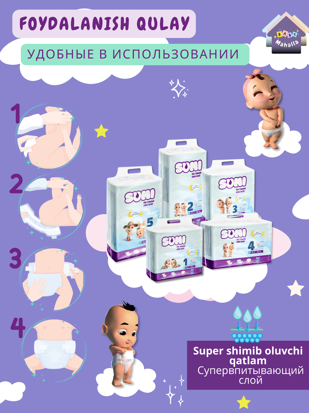 Подгузники детские SUMI, 3 р, 4-9 кг, 36 шт, с индикатором наполнения, на липучках — фото 1